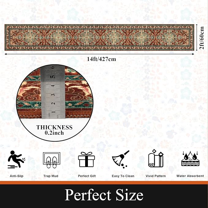 U'Artlines 2' x 14' Boho Hallway Runner Rug, Washable Carpet, Rust＆Teal | Non Slip, Vintage Farmhouse Accent Area Rug Carpet, for Kitchen Entryway Laundry and Living Room