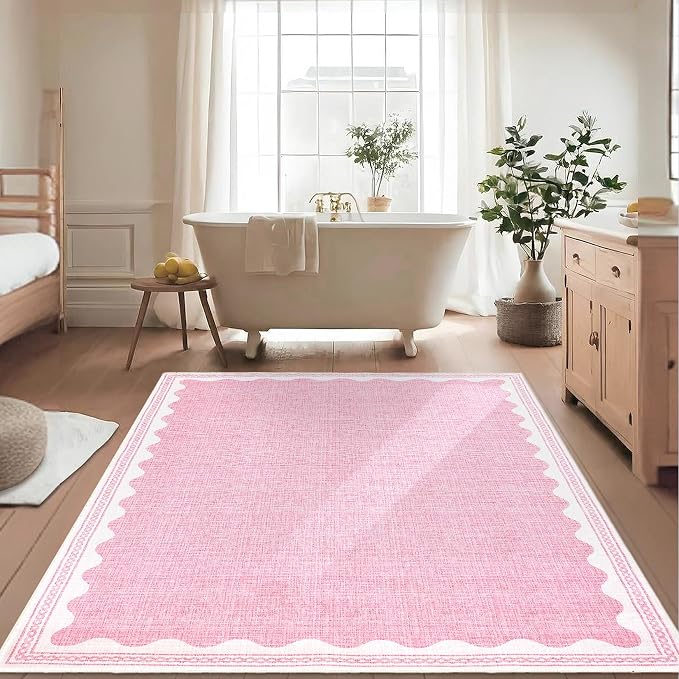3x5 Scalloped Area Rugs Pink Washable Entryway Bedroom Rug | Solid Tan Rug for Bedroom Girls, Non Slip Throw Carpet With Rubber Back, Soft Dorm Nursery Scalloped Rugs for Dining Room