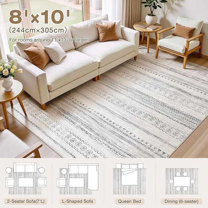 kakania Washable 8x10 Area Rug for Living Room: Boho Geometry Home Decor | Soft Stain Resistant, Low-Pile, Non-Slip, Pet & Kid Friendly, Thin Rug for Bedroom/Dining Room/Kids Dorm - Grey