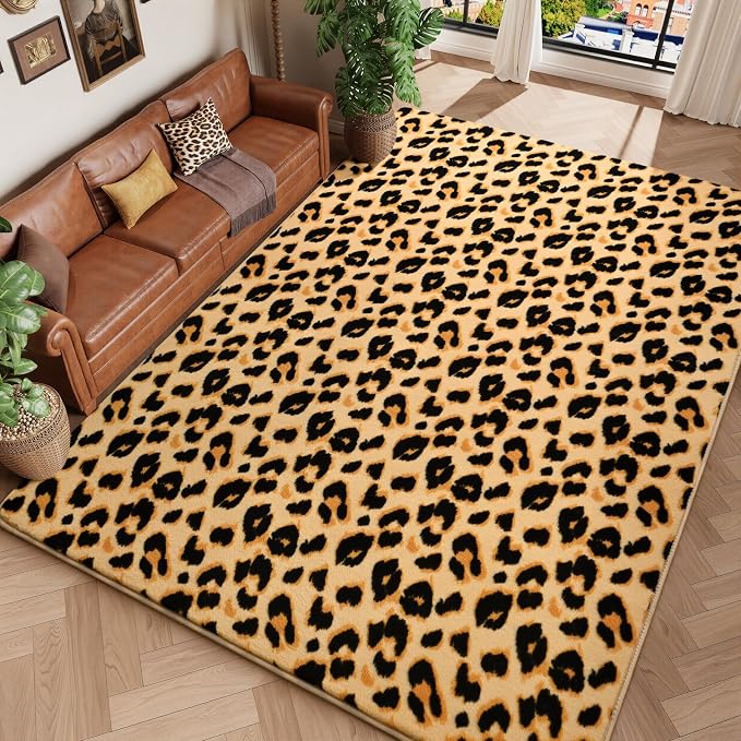 Amearea Soft Leopard Rugs for Bedroom Living Room, 6x9 Cheetah Print Rug | Fluffy Indoor Thickened Memory Foam Rug, Washable Animal Rug Carpet for Kids Boys Girls Dorm Nursery Room Home Decor, Khaki