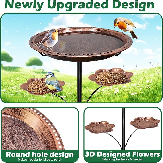 37In Metal Bird Bath for Outside, Vintage Standing Birdbaths with 2 Detachable Flower Feeders, Large Bird Bath Bowl Bird Feeder for Garden Patio Yard,Upgraded 5-Pronged Base (Antique Bronze)