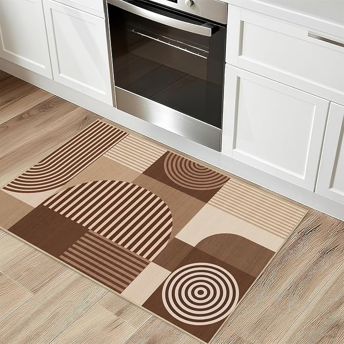 Brown Geometric Rug 2x3 for Entryway Machine Washable Mid Century Modern Rug Non Slip Low Pile Minimalist Line Rugs Door Indoor Mat Carpet for Bathroom Bedroom Kitchen Laundry,Brown