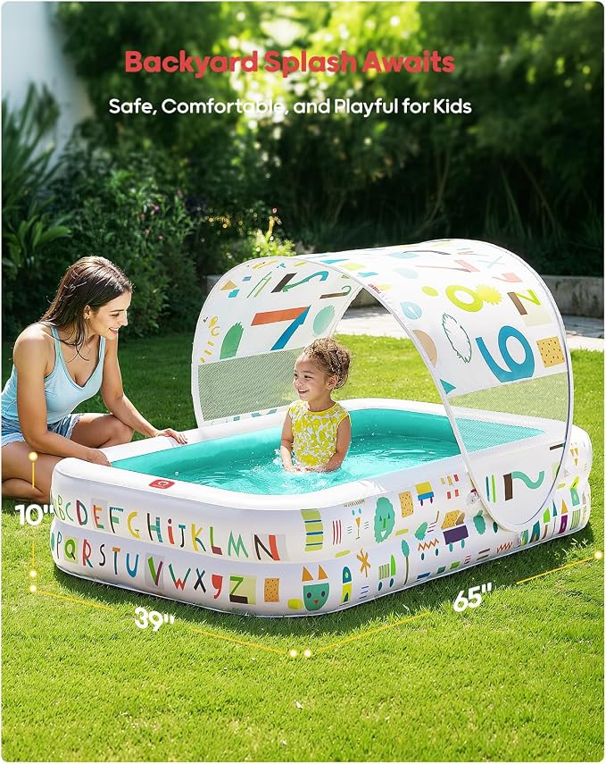 QPAU Baby Pool with Canopy, Inflatable Design, 65 x 39 in, Green | Inflatable Design with Soft Cushioned Floor, Converts to a Ball Pit for Kids and Toddlers, for Indoor and Backyard Play