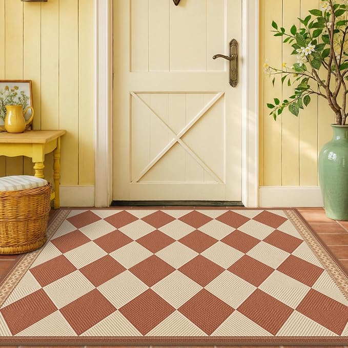 Terracotta Beige Diamond Checkered 3x5 Entryway Rug, Boho Easy Jute Indoor Outdoor Rug, Modern Farmhouse Washable Non Slip Porch Patio Rug for Kitchen, Balcony, Bedroom, Laundry Room, Mudroom