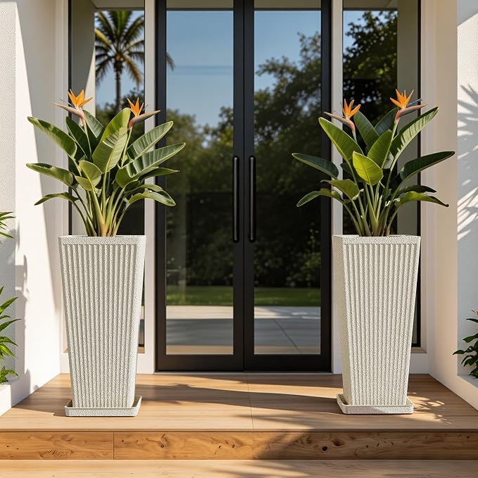 Front Porch Planters Outdoor Set of 2, 24" Tall Plastic Planters for Outdoor Plants with Drainage, Extra Large Outdoor Planter Pots, Tapered Tall Planters for Front Door & Indoor Plants, Beige