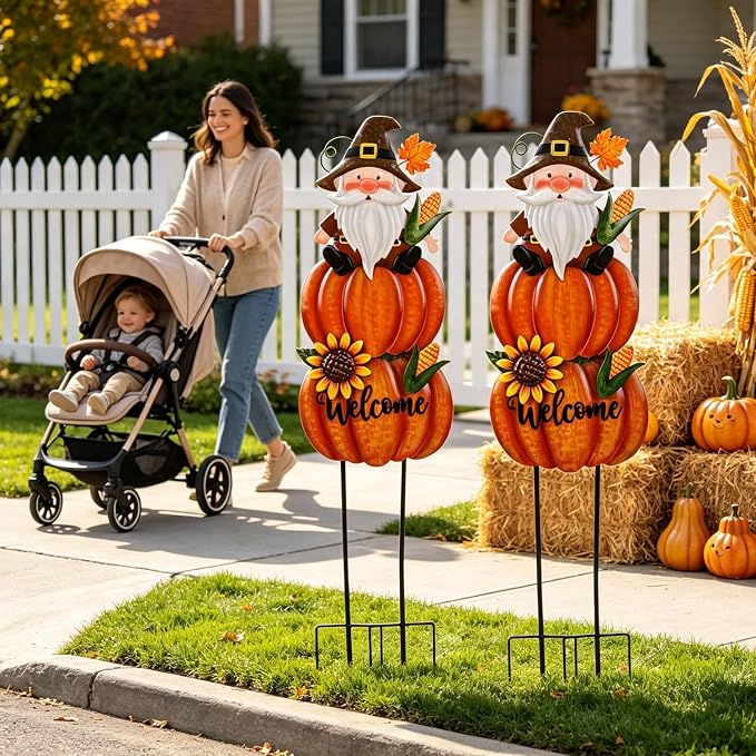 Fall Gnome Yard Stakes Large 39.3inch for Thanksgiving Decor | Metal Pumpkins for Outdoors Garden Patio Autumn Harvest Outdoor Decor