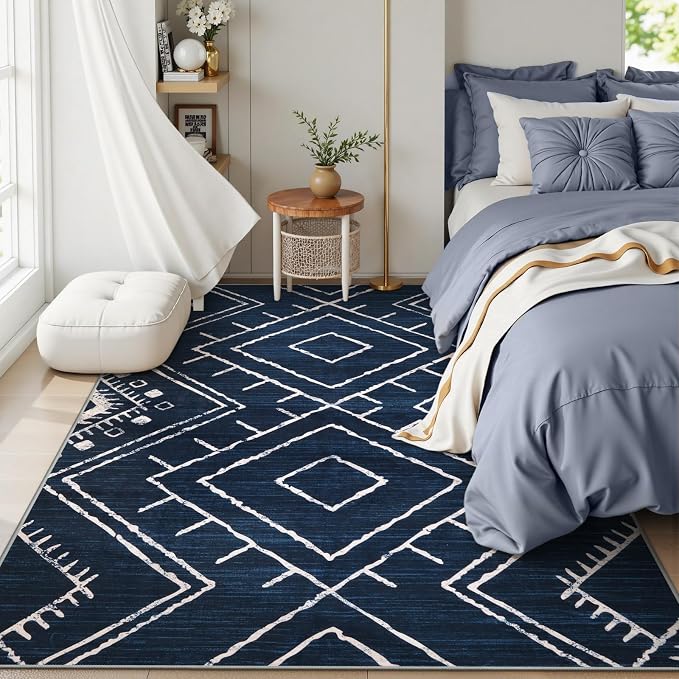 LIVEBOX Western 5x7 Area Rug, Navy Washable Rugs for Living Room Bedroom, Non Slip Moroccan Tribal Rug Low Pile Soft Geometric Boho Large Area Rugs Diamond Carpet for Dining Room Home Office Decor