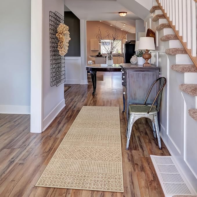 Lahome Farmhouse Washable 2x6 Hallway Runner, Non-Slip, Beige/Brown | Boho Textured Neutral, Low-Pile, Geometric Pattern, Modern, Moroccan, Entryway Hallway Runner Kitchen Bathroom Laundry Room