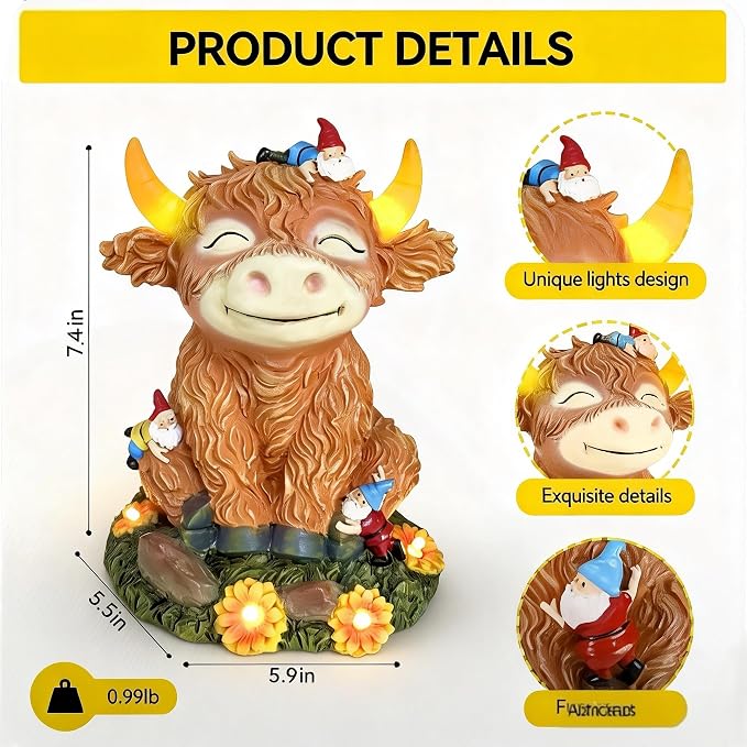 Solar Highland Cow Garden Statue with Funny Gnomes | LED Lights, Outdoor Decor, Yard Art, Gift for Mom & Grandma