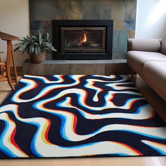 Trippy Abstract 3x5 Area Rug Non Slip Ultra Thin Flatweave Funky Aesthetic Wavy Stripes Swirl Throw Rug Colorful Black White, Retro Cool Cute Washable Carpet for Kitchen Entryway Bedroom