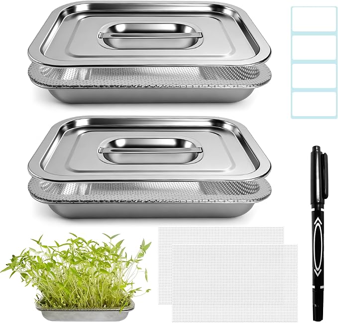 2 Pack Stainless Steel Seed Sprouter Trays, 2-Tier Soil-Free Microgreens Growing Kit, Sprouting Tray with Cover Lids & Mesh Pads for Sprouts Beans Alfalfa Wheatgrass (10.6" * 7.9" * 1.9")
