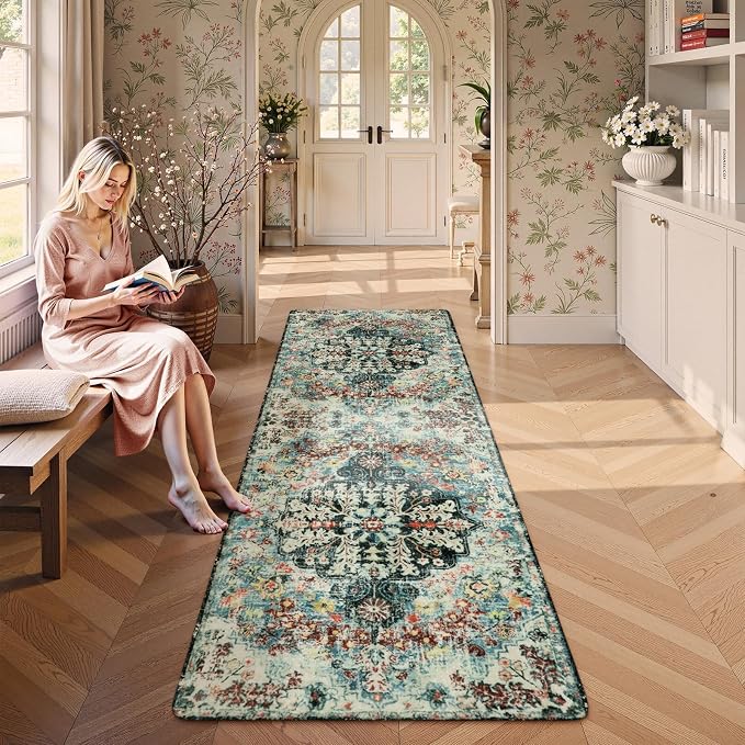 Lahome Reine Bohemian Floral 2'8" x 8' Washable Hallway Runner Rug, Non Slip Kitchen Carpet Runners, Turkish Soft Pet Friendly Stair Mat for Bathroom Laundry Room Sunroom, Teal