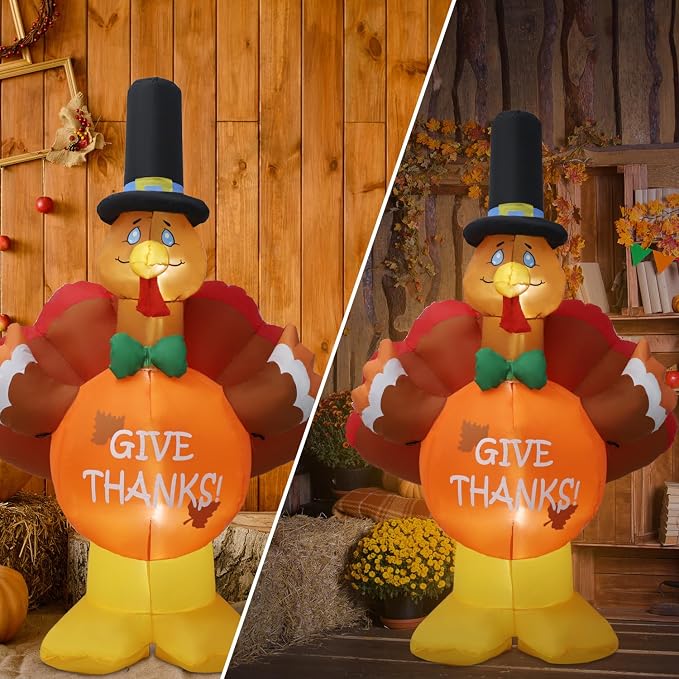 6ft Thanksgiving Inflatable Outdoor Decoration Turkey Inflatable Patio Decoration with Built-in LED Lights, Suitable for Thanksgiving Holiday Party, Patio, Lawn, Garden Winter Decoration