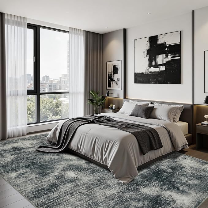 Joydeco 6x9 Area Rugs for Living Room, Non-Slip Modern Abstract Soft Washable Rug, Low Pile Carpet for Bedroom, Dining Room, Home Office, Pet & Child Friendly, Light Gray & White & Dark Gray
