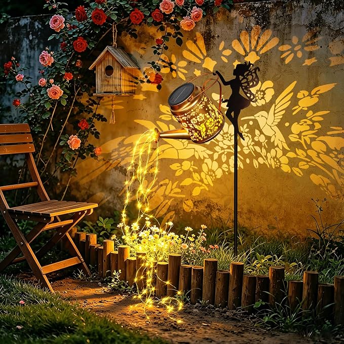 2 Pack Solar Fairy Watering Can Lights Outdoor, Waterproof Solar Hanging Lantern with Cascading Lights for Garden Yard Patio Lawn Pathway, Hummingbird Gardening Gifts for Women Mom Grandma Birthday