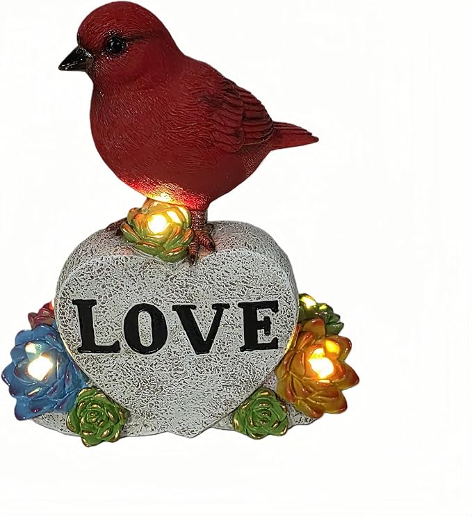 Solar Cardinal Decor Red Bird with Glowing Succulents Love Heart Stone Remembrance Garden Figurine Decor for Outdoor Yard Patio Lawn Sympathy Gifts for Mother Grandma Women Wife Sister