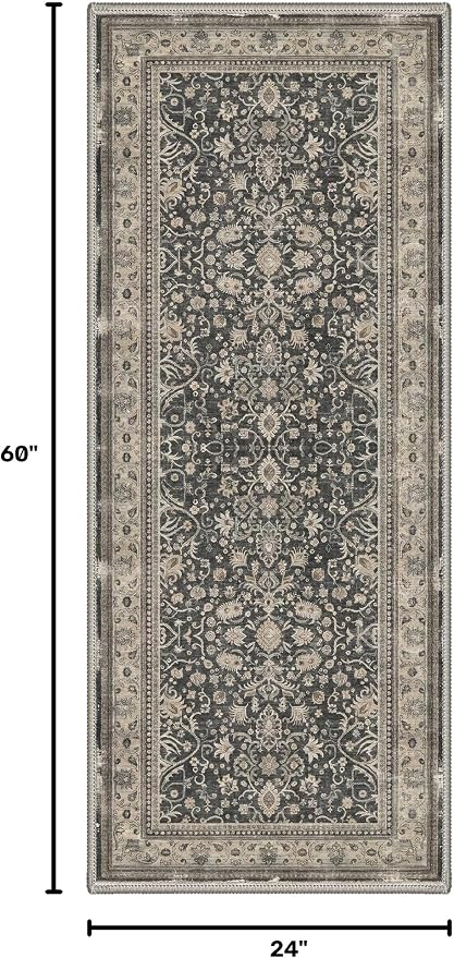 2X5 Washable Hallway Runner Rug, Boho Oriental Floral Non Slip | Dusty Charcoal Floral Runner, Soft Faux Wool Rug for Corridor Kitchen Entryway,Stain Resistant,Pet-Friendly,Non-Shedding