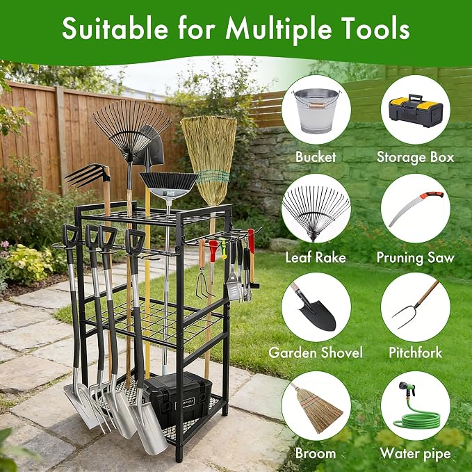 Garden Tool Organizer‑70‑Hole Garage Storage Rack with Adjustable Feet & Sturdy T‑Handle Hooks, Broom/Mop Holder for Yard, Shed, Multi‑Scene Use, No‑Tool Assembly, Black Garage Storage Rack