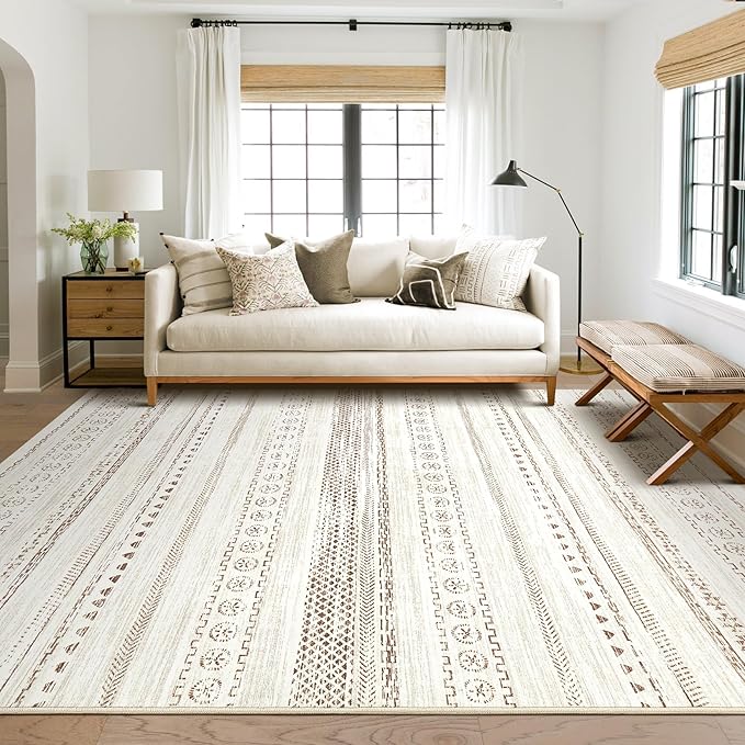 kakania Washable 9x12 Area Rug for Living Room: Boho Geometry Home Decor | Soft Stain Resistant, Low-Pile, Non-Slip, Pet & Kid Friendly, Thin Rug for Bedroom/Dining Room/Kids Dorm - Brown