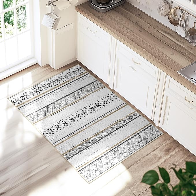 2x3 Washable Area Rugs for Living Room Boho Bathroom Rug Black/Brown | Vacuum Friendly, Machine Washable, Non-Slip Rug, Stain Resistant, Moroccan Geometric, Low Pile Carpet, Entryway Kitchen