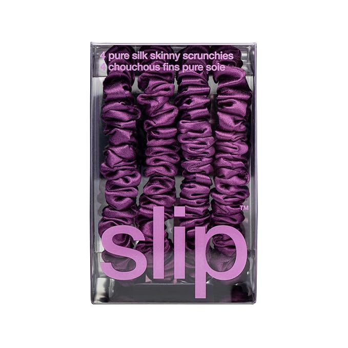 Slip Silk Hair Ties — Skinny Silk Dark Purple Scrunchies, No Damage, No Crease, Anti-Breakage |100% Mulberry Silk | All Hair Types | Made with Proprietary Slipsilk™ | Set of 4