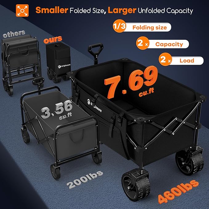 Originsure 220L Collapsible Wagon Cart Foldable, 460lbs Load Capacity Heavy Duty Folding Beach Wagons with Big All-Terrain Wheels, Utility Carts for Groceries, Shopping, Camping, Sports - Black