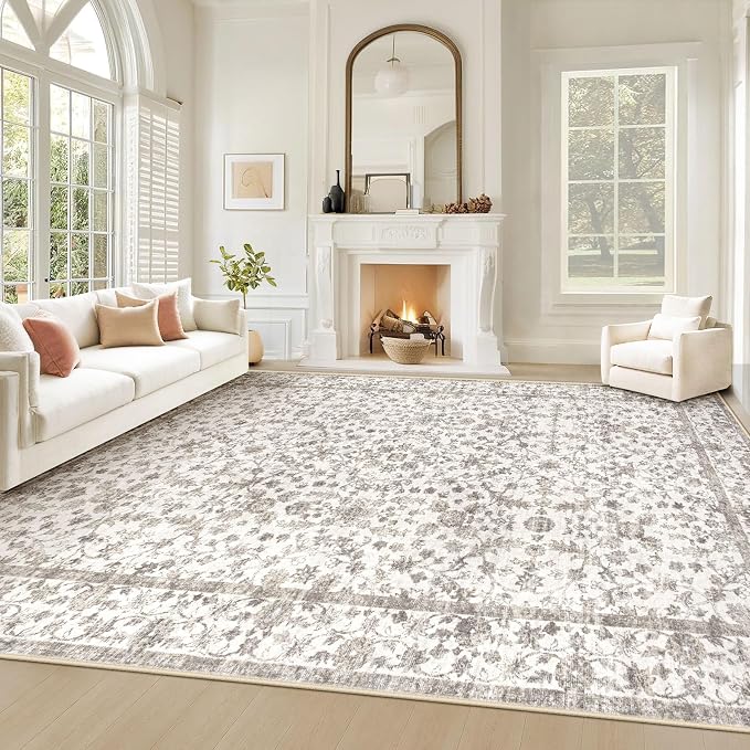 Living Room Rugs 9x12: Washable Moroccan Geometric Boho Rug Farmhouse Non Slip Stain Resistant Large Rug Low Pile Soft Carpet for Bedroom Dining Room Children Room (Grey Floral,9'x12')