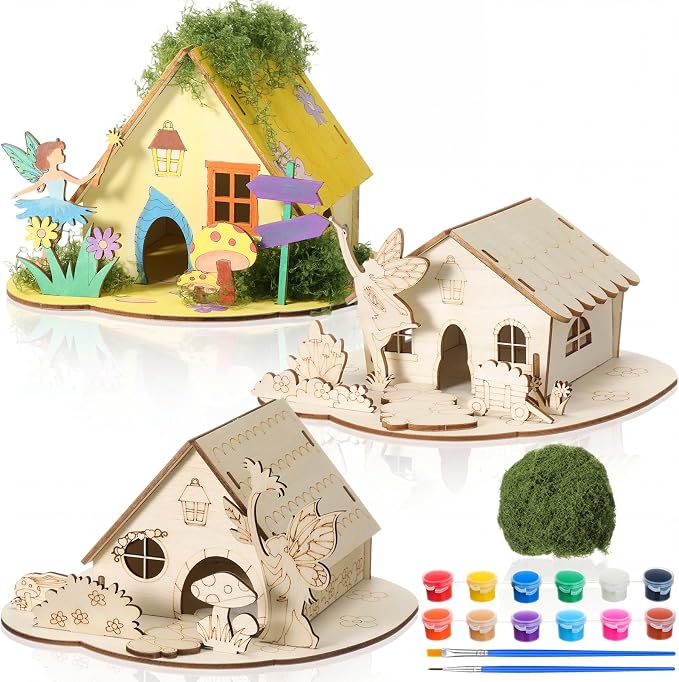 DoubleFill 3 Sets Wooden Fairy House DIY Kit Craft - DIY Fairy Garden with Paints & Decorations - Arts Crafts & Birthday Gift for Craft Activity Party Decor (Lovely Short)