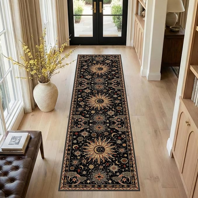 Vacuum-Friendly, 2x8 Washable Area Rug, Black Gold Beige Red | Sun and Moon Boho Gothic Non-Slip Low Pile Living Roon Bedroom Dining Room Kitchen Entry Entryway Entrance Hallway Doormat