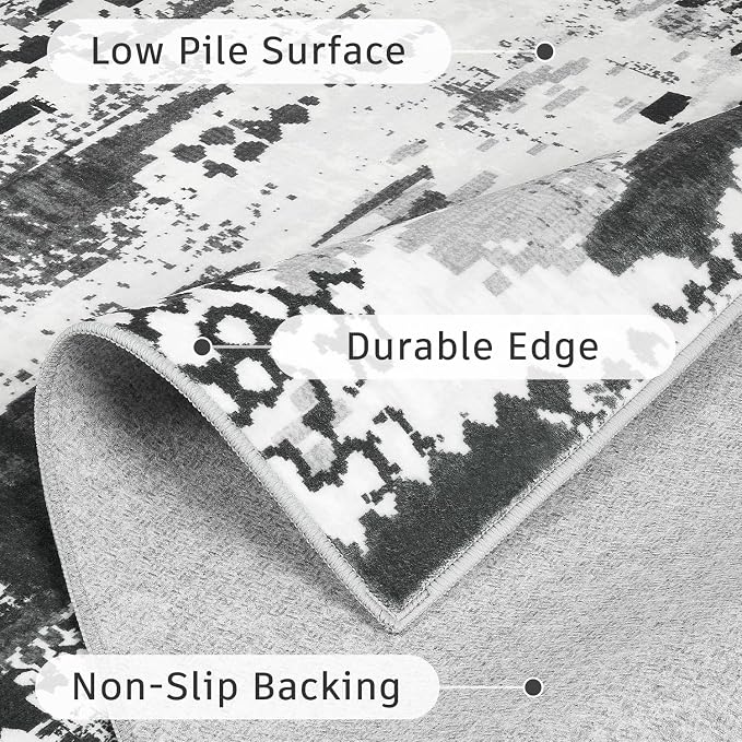 DCX Washable Abstract Area Rug 6x9, Non Slip Low Pile Rug, Black | Easy to clean, non-shedding, soft, kid & pet friendly, with a non-slip rubber backing for living rooms, bedrooms, and offices