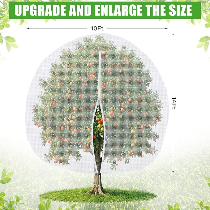10 x 14 ft Large Fruit Tree Netting for Protecting Fruit from Squirrels Birds Bug Deer & Rat Garden Mesh Netting with Zipper and Drawstring Tree Covers for Blueberry Peach Apple Garden Bushes