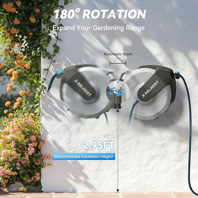 Relhost Retractable Garden Hose Reel 100 ft x 5/8 in, Heavy Duty Hose Reel Wall Mount with Any Length Lock, Auto Rewind System, 180° Swivel Bracket, 10-Pattern Garden Hose Nozzle, White & Grey