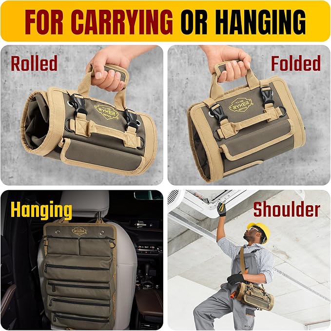 The Ryker Bag Tool Roll Organizer with Detachable Pockets – Heavy Duty Roll-Up ToolBag for Mechanics, Electricians, Plumbers, Contractors, Garage & Job Site Use Gift for Dads (AP-TR)