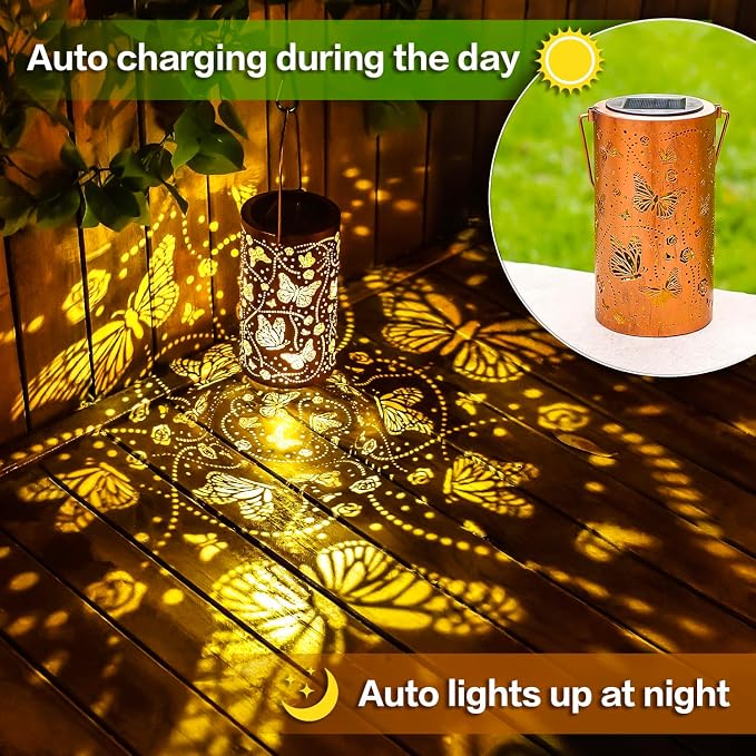 Butterfly Solar Lanterns Outdoor Waterproof Hanging Solar Lights Butterfly Gifts for Women Men Metal Decorative LED Lanterns for Garden Decor,Yard,Patio,Lawn,Tabletop,Pathway