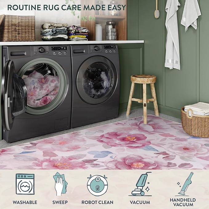 Lahome Pink Floral Area Rug 5x7 for Living Room and Girls Bedroom, Boho | Machine Washable, Non Slip Vintage Low Pile Large Throw Carpet for Dining Room Office