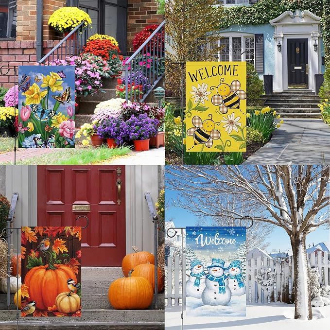 Louise Maelys All Season Garden Flag Set of 12 Double Sided 12x18 Inch Seasonal Small Burlap Welcome Fall Halloween Christmas Winter Yard Decoration Outdoor Outside House
