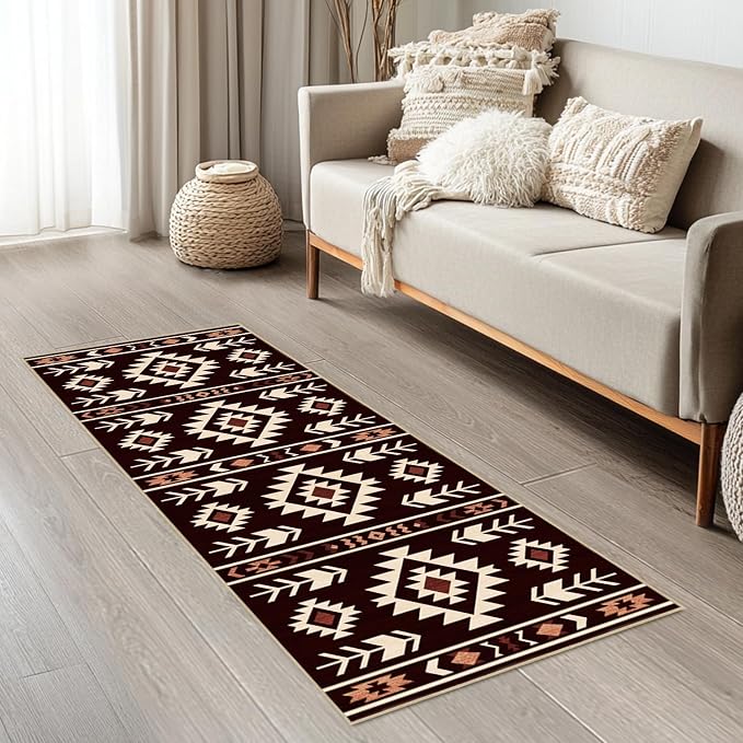 Western Runner Rug 2x6 for Hallway Kitchen Bedroom, Southwestern Aztec Tribal Runner Rugs Southwest Navajo Machine Washable Rug Non-Slip Printed Low-Pile Floor Carpet Mat for Living Room, Red Brown