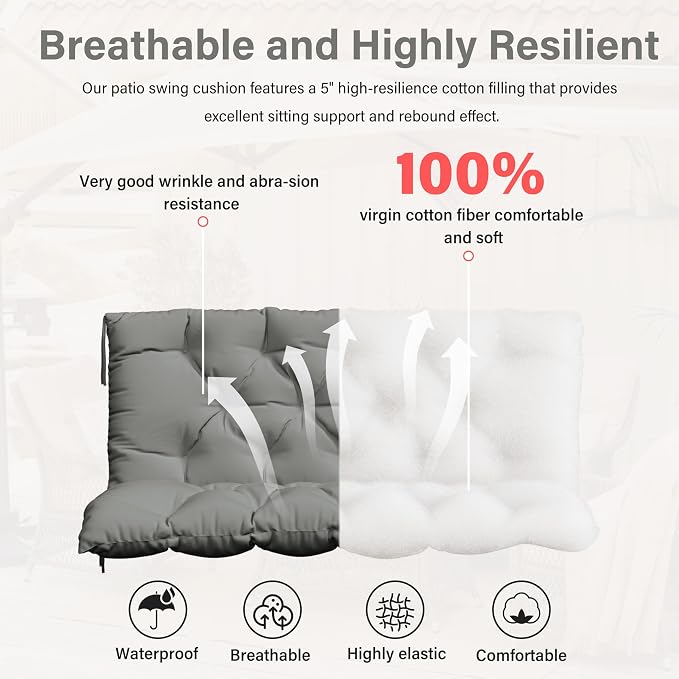 Porch Swing Cushion with Backrest,Waterproof Bench Cushion for Outdoor Furniture,2-3 Seater Replacement Thickened 5 in swing cushion,with Ties,Patio,Outdoor,Backyard and Garden (Light Grey,47x40 in)