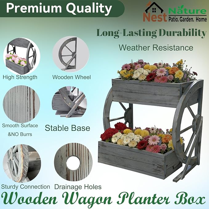 2 Tier Medium Wooden Wagon Planter Box|Outdoor Planter/Flower Pot for Indoor&Outdoor Plants-Rustic Garden Planter for Patio,Porch&Garden Decor-Raised Garden Bed for Succulents,Herbs,Vegetables