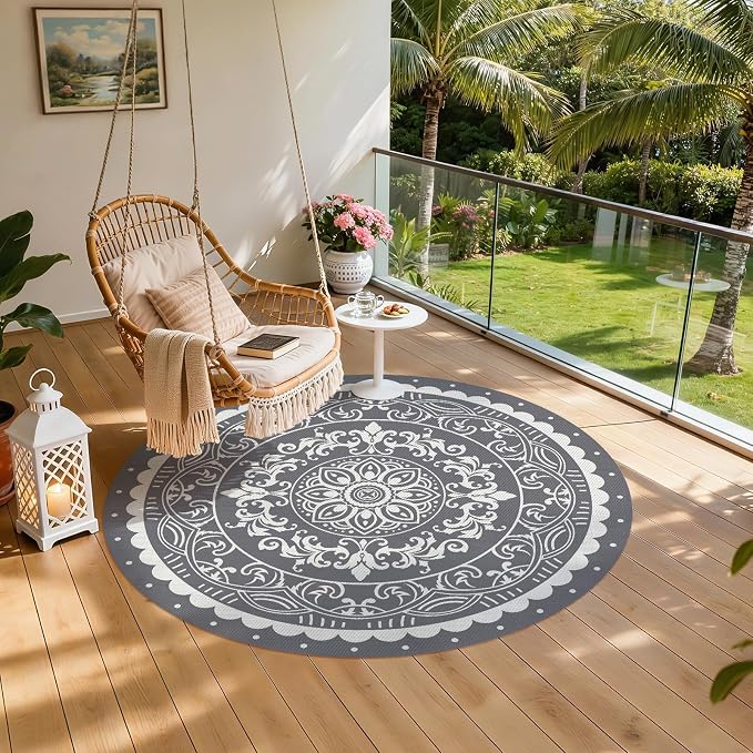Pauwer Waterproof Outdoor Rug 8ft, Reversible Plastic Straw Patio Camping Rug, Indoor Outdoor RV Mat Carpet for Deck, Camper, Porch, Balcony, Backyard, Picnic, Paisley Grey