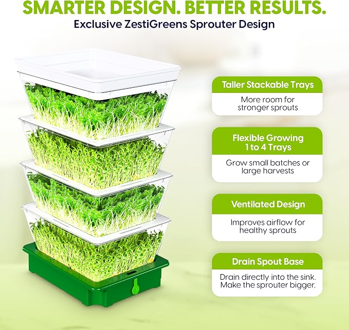 ZESTIGREENS 4-Tier Sprouting Kit - Stackable Seed Sprouter Trays with Drain Spout - Grow Fresh Sprouts at Home - BPA-Free