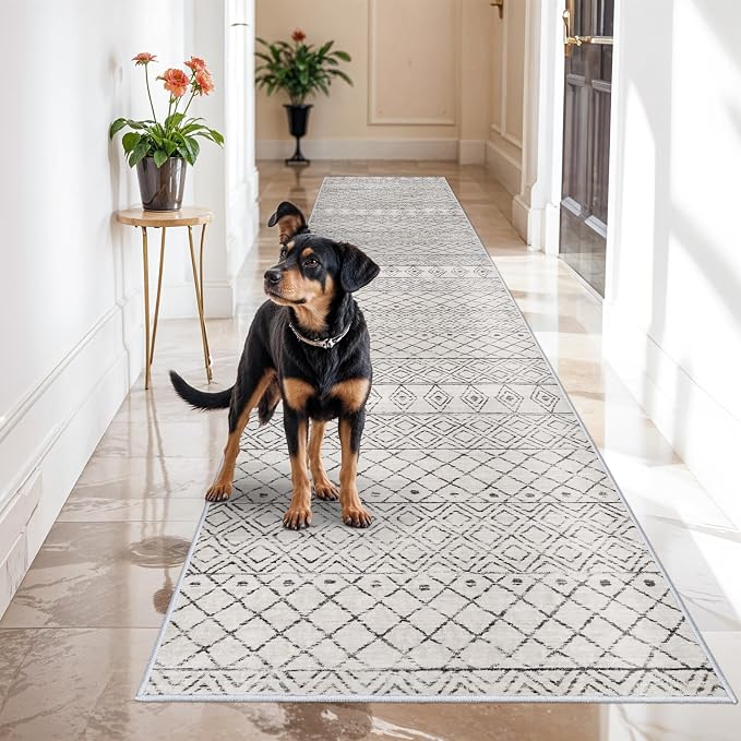 Washable 3x16 Long Hallway Runner:Non Slip Rug Geometric Grey | Low Pile Rug with Rubber Backing Floor Mat Moroccan Boho Indoor Carpet for Kitchen Bedroom Entryway