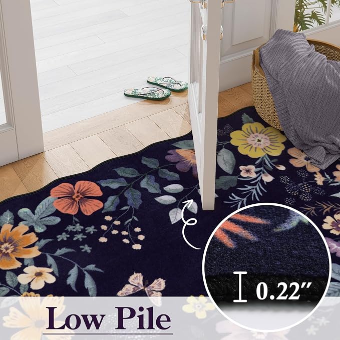 Lahome Floral Washable Rugs for Bedroom, 4X6 Area Rug Soft Living Room Rug | Ultra-Thin Non-Slip Classroom Rug Stain Resistant Boho Low-Pile Throw Carpet for Office Flore (4x6ft, Purple)