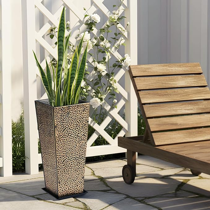 BAYN 2-Pack 24" Tall Metal Planter – Hand-Hammered Textured Large Copper Flower Pots Box with Saucer for Outdoor&Indoor, Garden, Porch, Patio, Yard with Pre-Drilled Drainage Holes