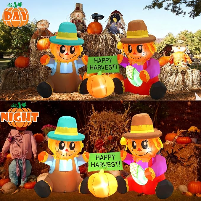 6FT Long Fall Inflatables Outdoor Decorations, Inflatable Scarecrow and Pumpkin, Built-in LED Fall Autumn Harvest Thanksgiving Inflatables Blow Ups for Outside Yard Garden Lawn