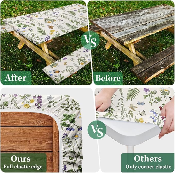 Picnic Table Cover with Bench Covers Elastic Edges, Wildflower Flower Camper Fitted Table Cover, Outdoor Camping Essentials 72 Inch 3PCS, Waterproof Camping Fitted Tablecloth with Drawstring Bag