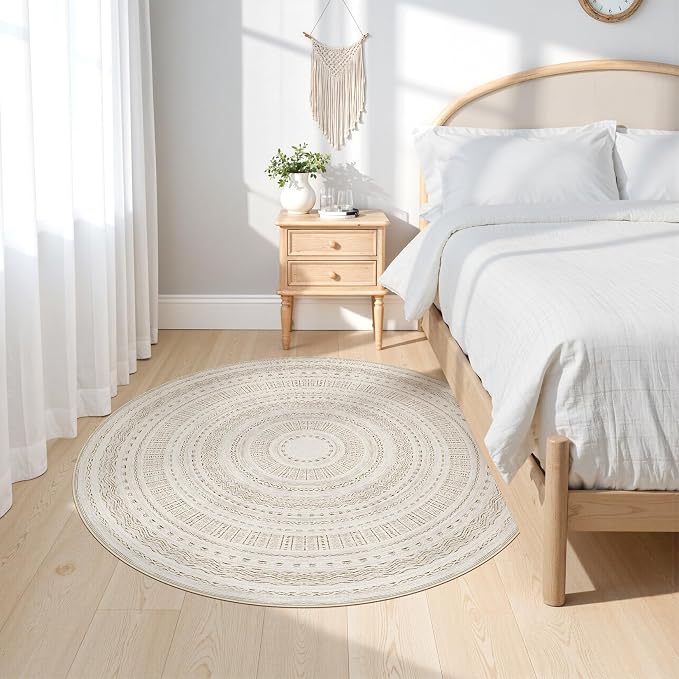 cotiled 5x5 Round Rug 5ft Circle Living Room Boho Area Rugs | Solve Modern Neutral Trendy Home Decor - Washable Foldable Indoor Carpet for Dining Bedroom Entryway Home Office Brown Cream