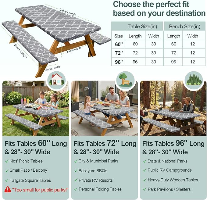 Play Tailor Picnic Table Cover with Bench Covers Camping Essentials Waterproof Windproof Camping Tablecloth with Drawstring Bag, Fitted Rectangle Tables and Seats, 72in, Grey