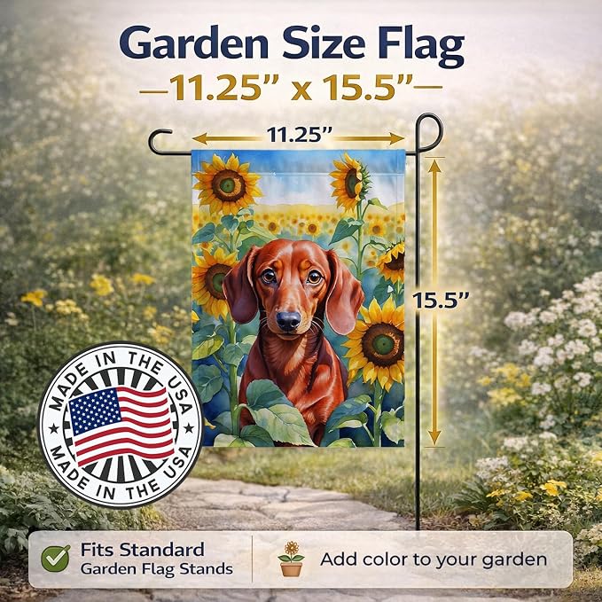 Caroline's Treasures DAC6065GF Dachshund in Sunflowers Garden Flag Mailbox Flag Decorative Yard Flag Banner Outside Patio Artwork Yard Flower Beds, Garden Size, Multicolor