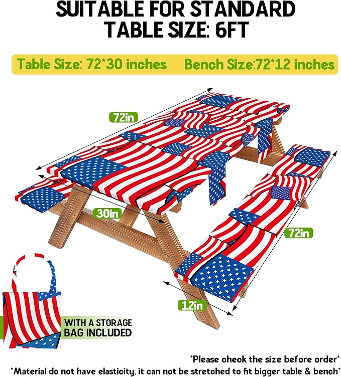 Picnic Table Cover with Bench Covers Waterproof Rectangle Tablecloth Camping Essentials Supplies Rv Travel Must Haves Gear Accessories Fitted Table Cloth Outdoor Road Trip Camper Gifts American Flag